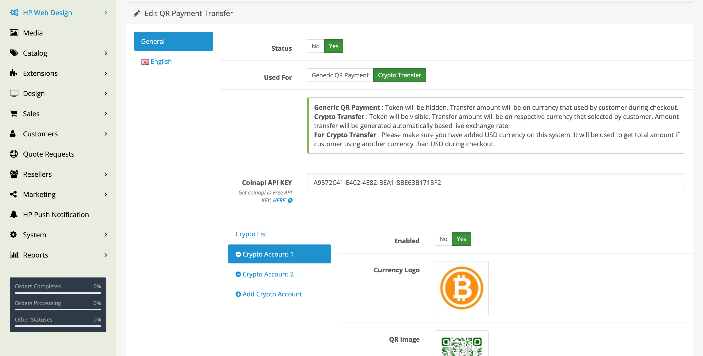 crypto transfer on setting opencart